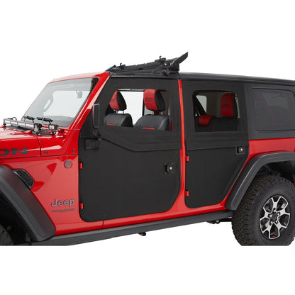 BESTOP | Full Fabric Doors Jeep '20-26 Gladiator '18-26 Wrangler JL Front Black Twill Bestop | 51750-17 installed on a red Jeep