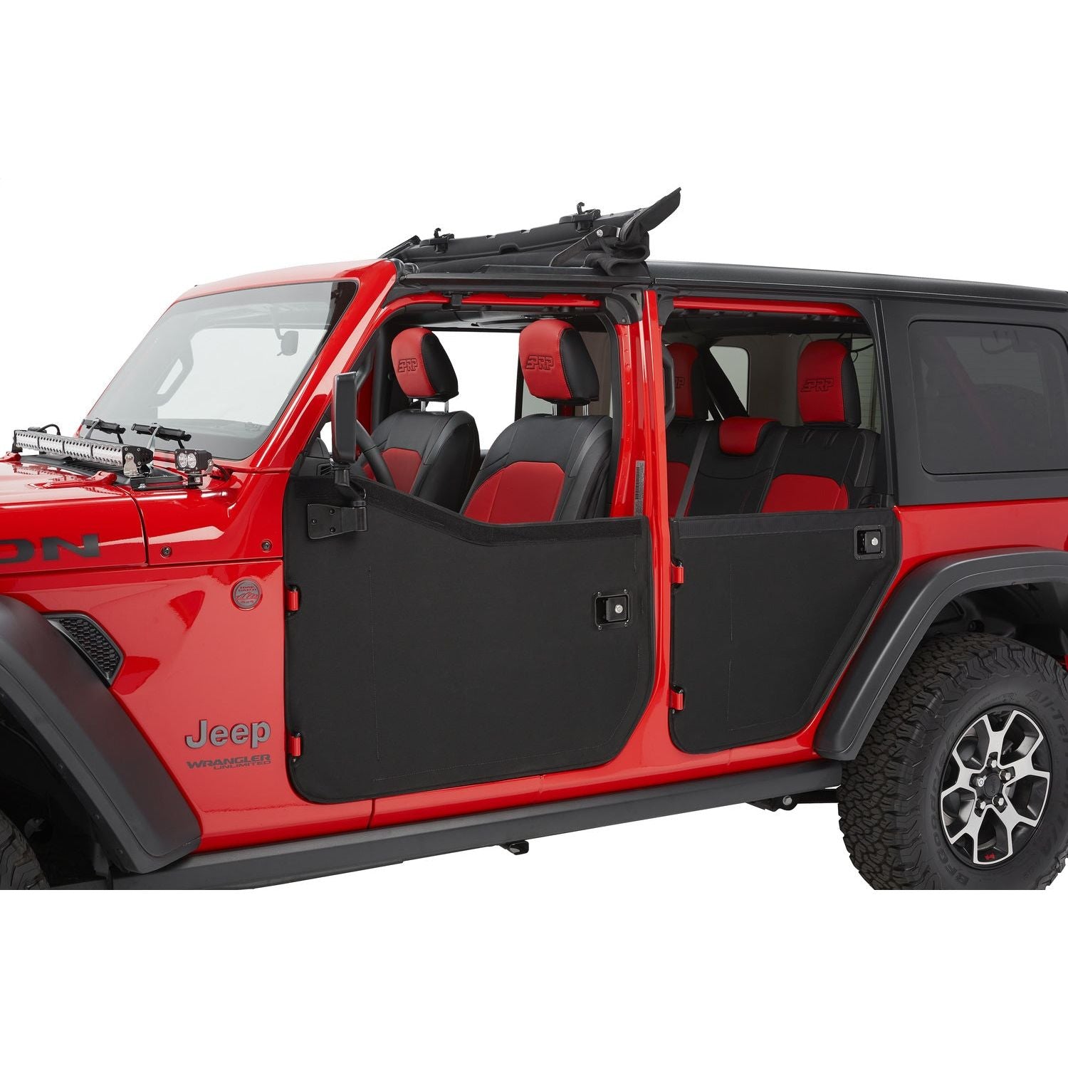 BESTOP | Full Fabric Doors Jeep '20-26 Gladiator '18-26 Wrangler JL Front Black Twill Bestop | 51750-17 mounted on red Jeep.