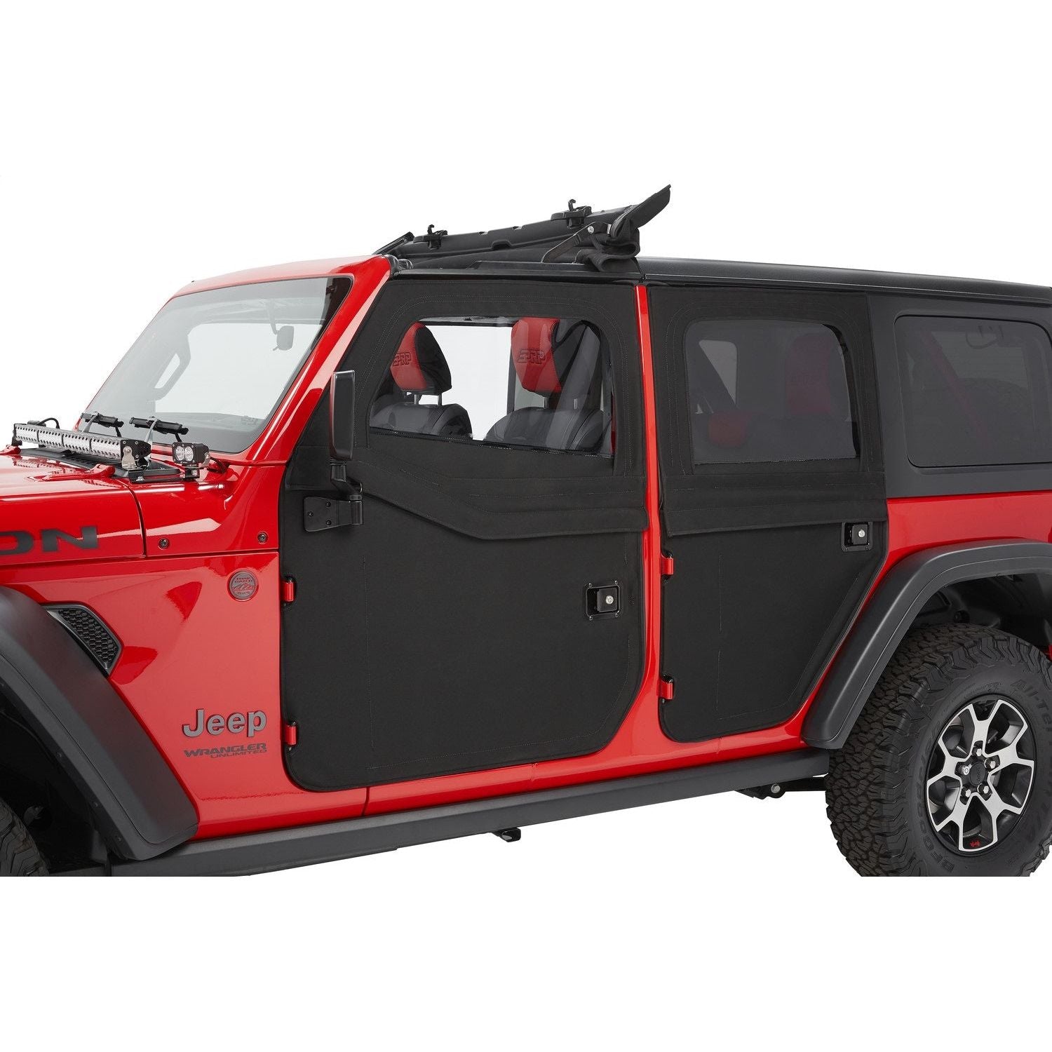 BESTOP | Full Fabric Doors Jeep '20-26 Gladiator '18-26 Wrangler JL Front Black Diamond Bestop | 51750-35 installed on red Jeep