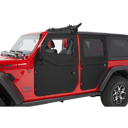 BESTOP | Full Fabric Doors Jeep '20-26 Gladiator '18-26 Wrangler JL Rear Black Twill Bestop | 51751-17 installed on a red Jeep.