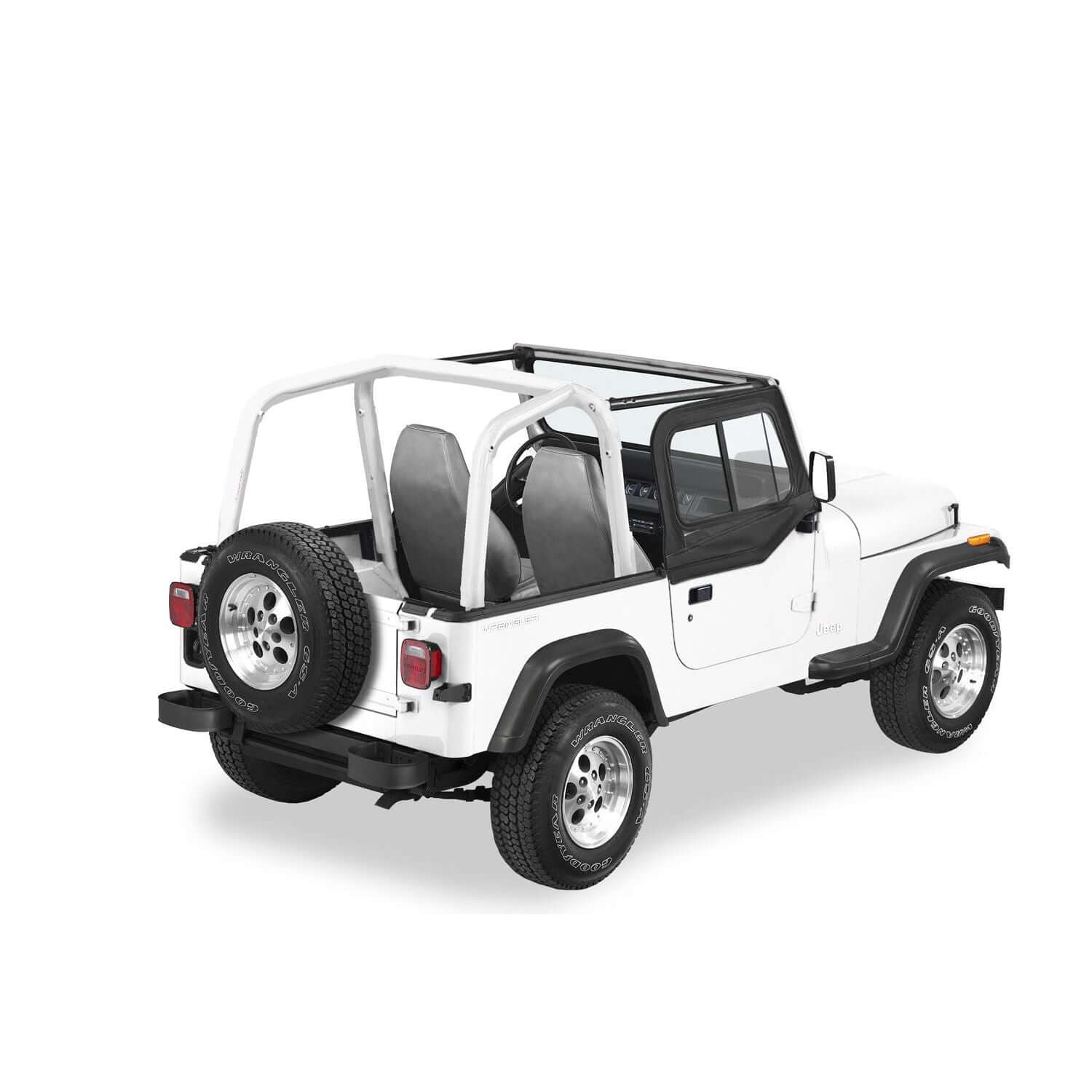 BESTOP | Square Upper Door Sliders Rear Corner Jeep 1988-1995 Wrangler YJ Fits original factory hardware or Replace-A-Top 51120, 51123 Black Denim Single Sliding Bestop | 51785-15 on a white Jeep.