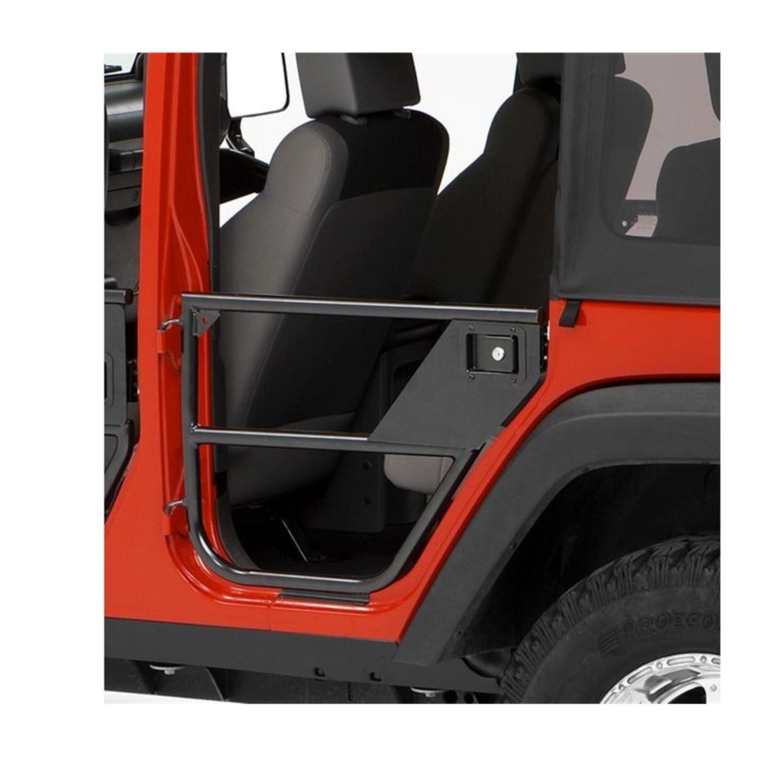 BESTOP | Jeep Tube Doors HighRock 4x4 Element Doors For Jeep 2007-2018 Wrangler JK Rear Matte Black Bestop | 51827-01 installed on red Jeep
