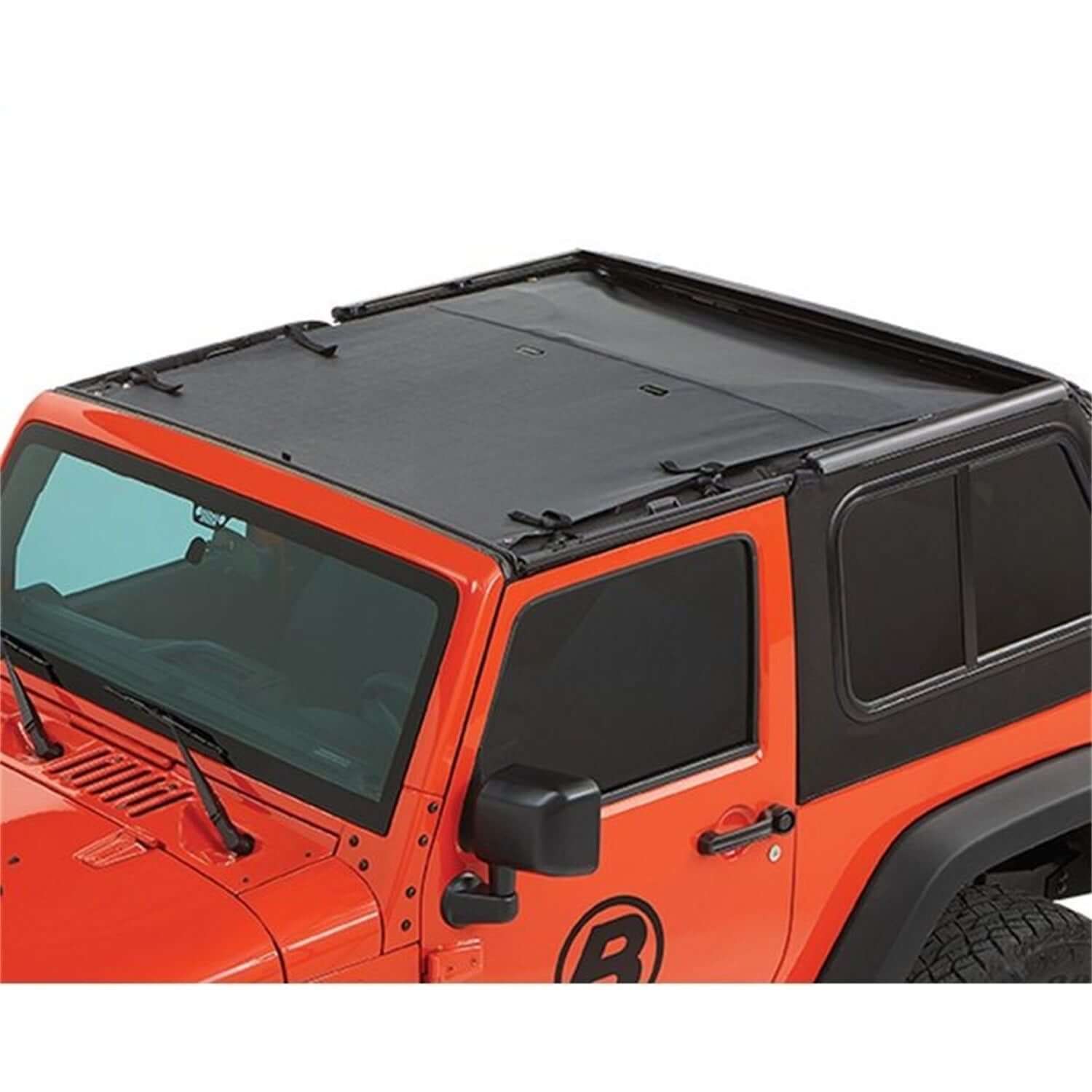 BESTOP | Jeep Wrangler Bikini Top Sun Extended Safari Style Bikini Top For Jeep 2007-2018 Wrangler JK 2 Door Black Diamond Bestop | 52402-35 on orange Jeep