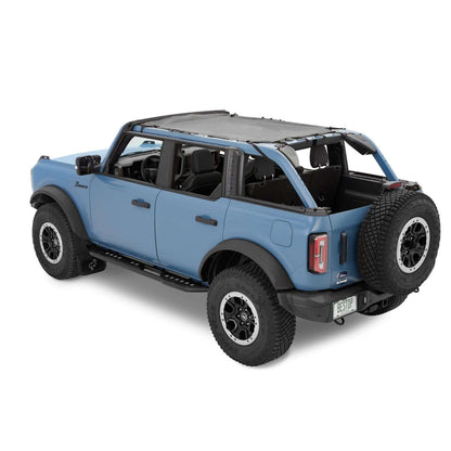 BESTOP | Safari Bimini '21-26 Bronco 4-Door Mesh Bestop | 52423-11 installed on a blue Ford Bronco.