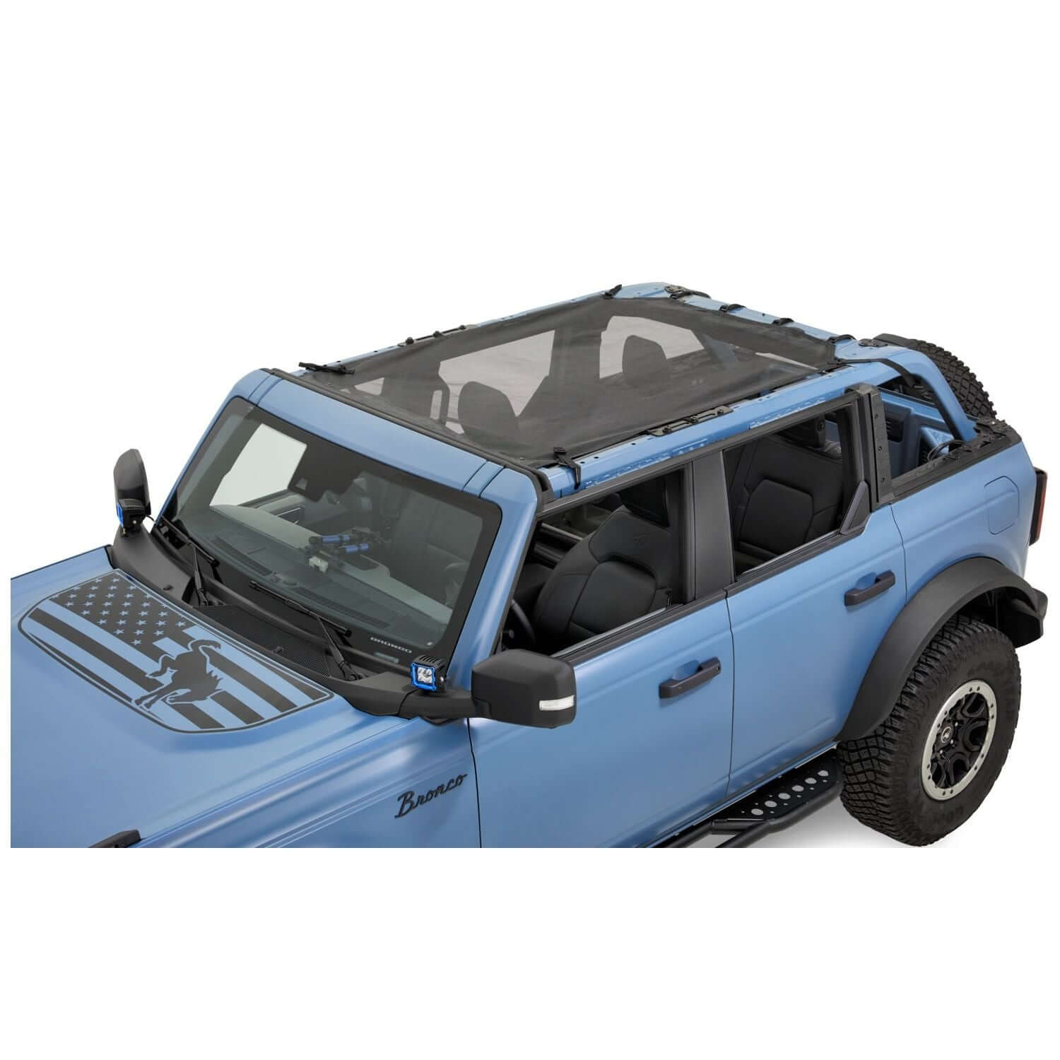 BESTOP | Safari Bimini '21-26 Bronco 4-Door Mesh Bestop | 52423-11 installed on blue Bronco with open top
