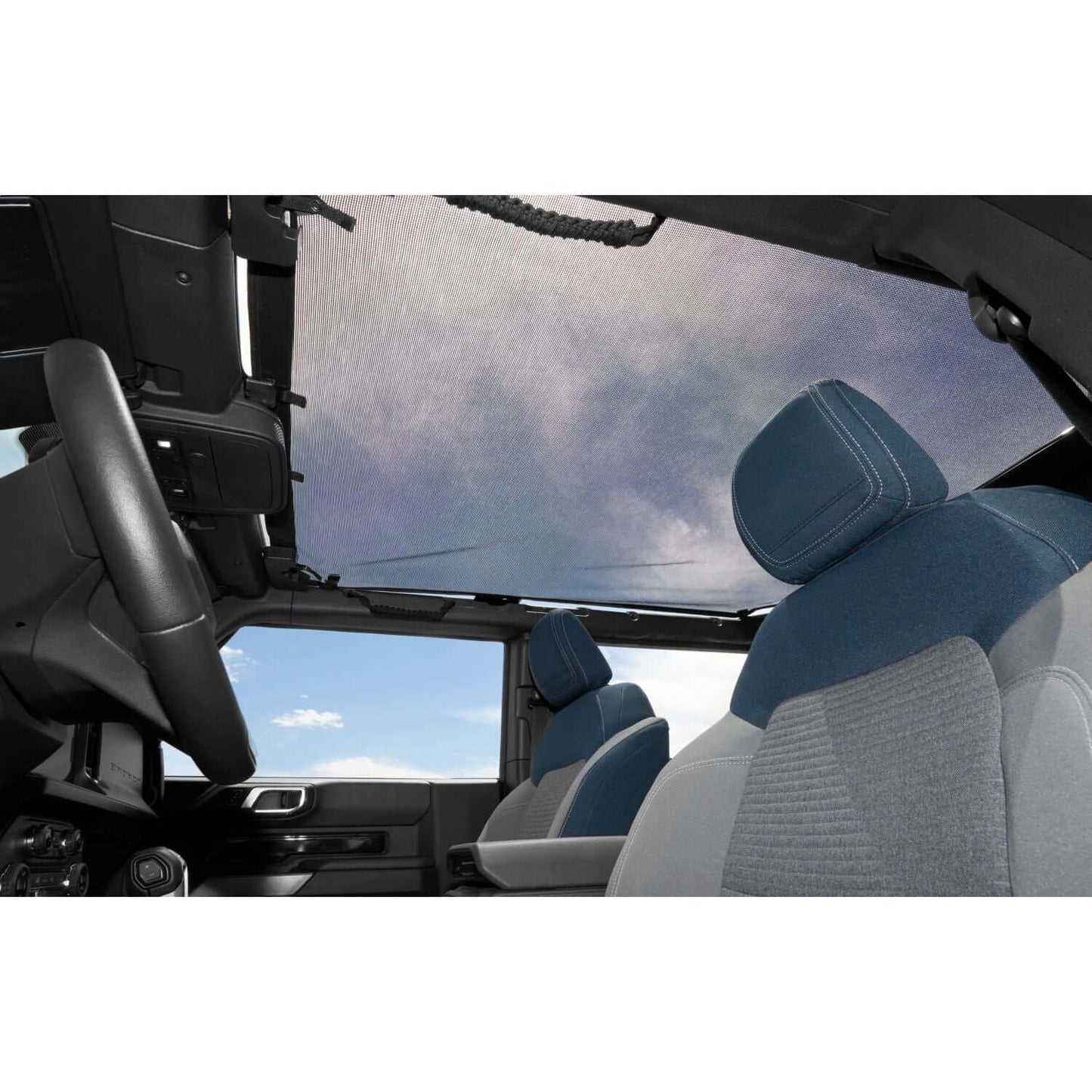 Interior view of a 2021-2026 Bronco 4-Door with BESTOP | Safari Bimini '21-26 Bronco 4-Door Mesh Bestop | 52423-11 installed.