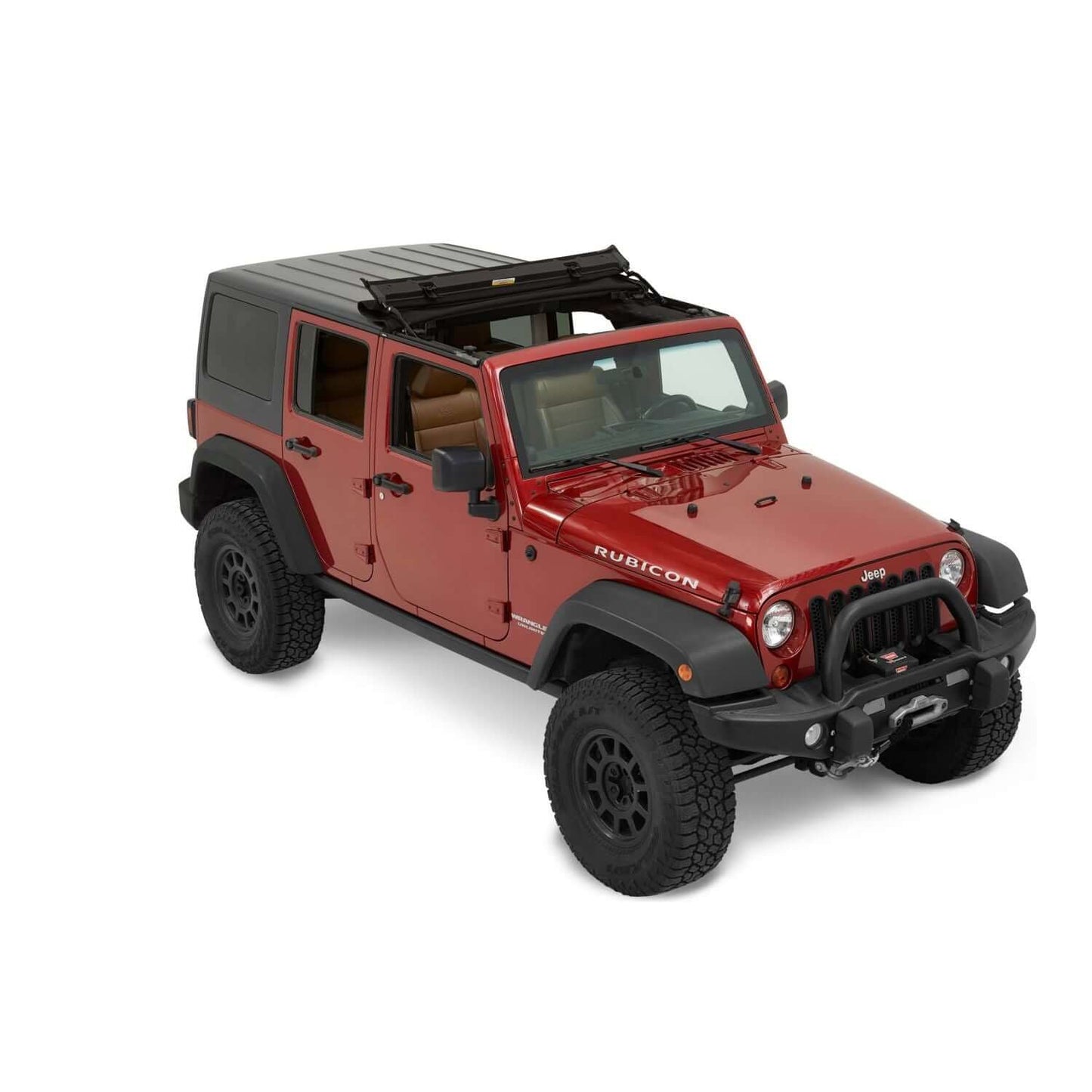 BESTOP | Jeep Wrangler Soft Top Sunrider for Hardtop For Jeep 2007-2018 Wrangler JK Black Premium Twill Bestop | 52453-17 installed on a red Jeep Wrangler.