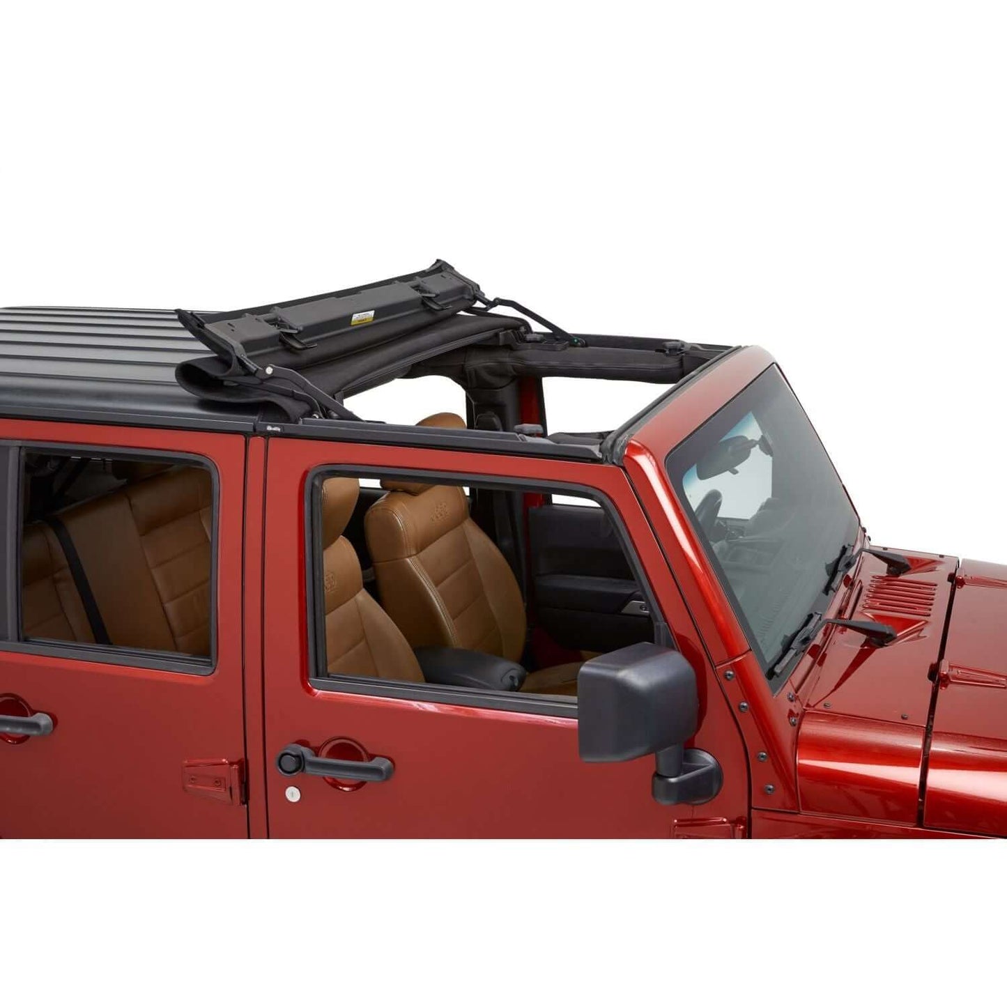BESTOP | Jeep Wrangler Soft Top Sunrider for Hardtop For Jeep 2007-2018 Wrangler JK Black Premium Twill Bestop | 52453-17 installed on red Jeep.