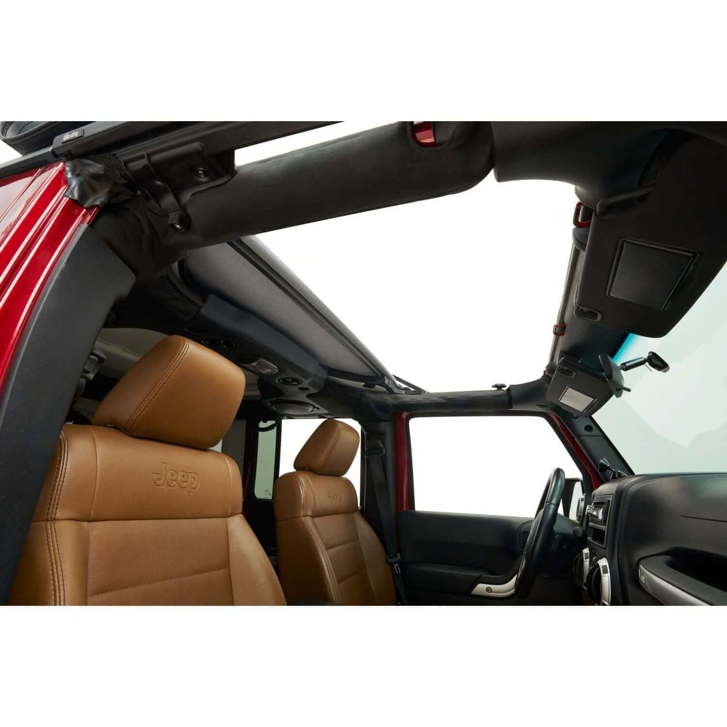 Interior view of a Jeep Wrangler featuring the BESTOP | Jeep Wrangler Soft Top Sunrider for Hardtop For Jeep 2007-2018 Wrangler JK Black Diamond Bestop | 52453-35.