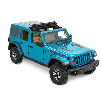 BESTOP | Sunrider for Hardtop Jeep '20-26 Gladiator '18-26 Wrangler JL Premium Black Twill Bestop | 52454-17 on a blue Jeep