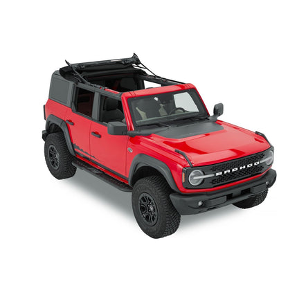 BESTOP | Skyrider for Hardtop '21-26 Bronco 4-Door Premium Black Twill Bestop | 52462-17 on a red Ford Bronco.