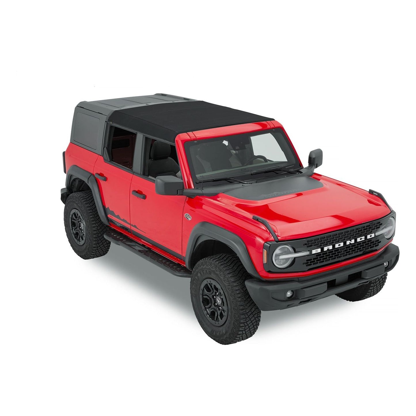BESTOP | Skyrider for Hardtop '21-26 Bronco 4-Door Premium Black Twill Bestop | 52462-17 installed on a red Ford Bronco.