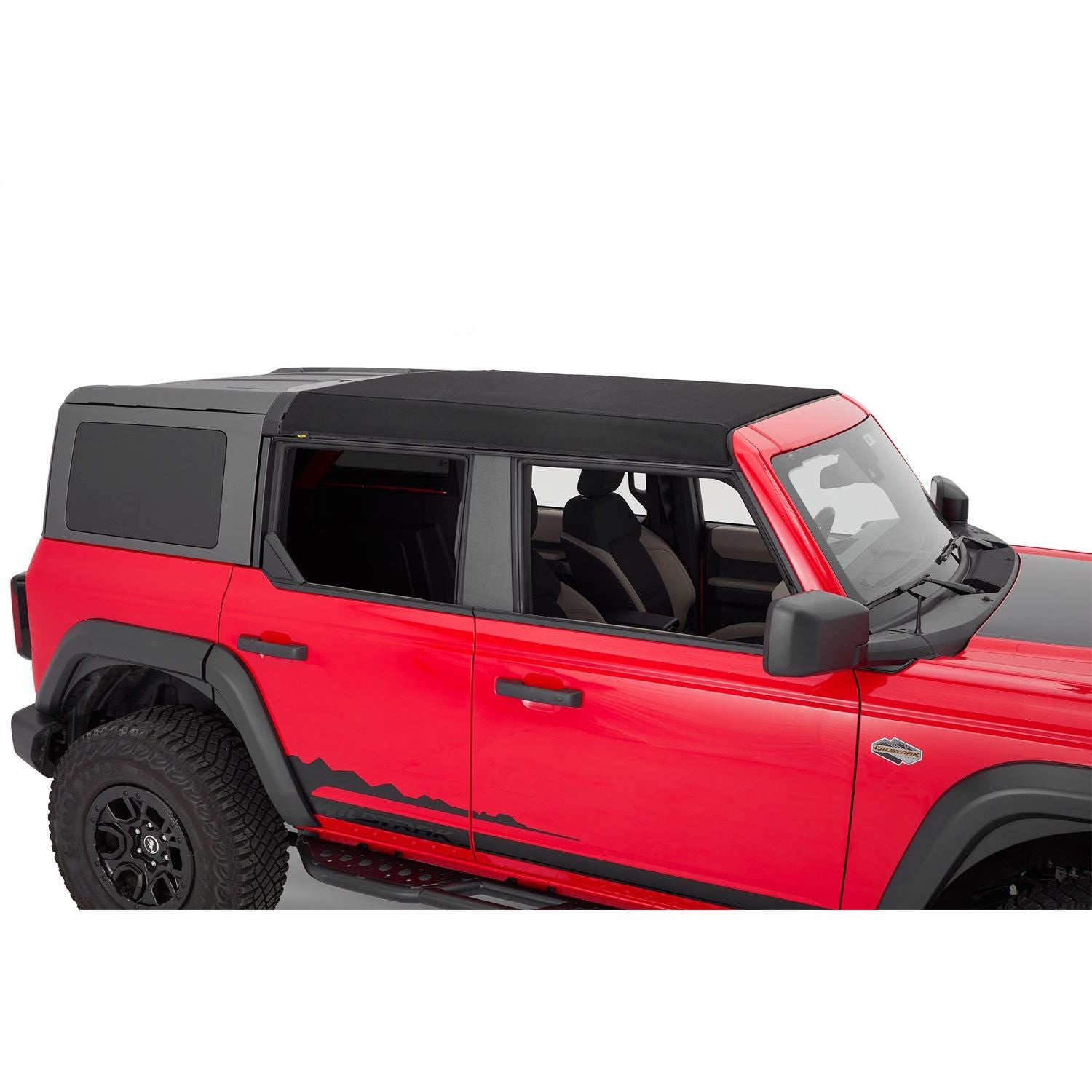 BESTOP | Skyrider for Hardtop '21-26 Bronco 4-Door Premium Black Twill Bestop | 52462-17 on red Ford Bronco.