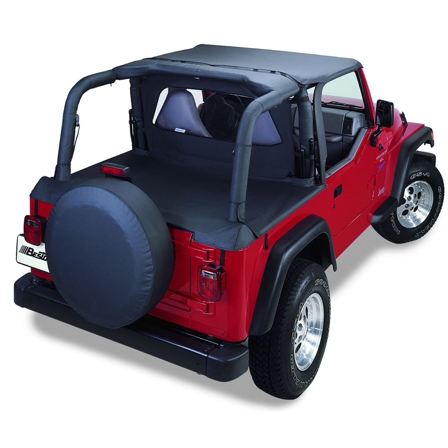 BESTOP | Jeep Bikini Top Header Targa Bikini Tops For Jeep 2003-2006 Wrangler TJ Black Diamond Fabric Bestop | 52528-35 on a red Jeep
