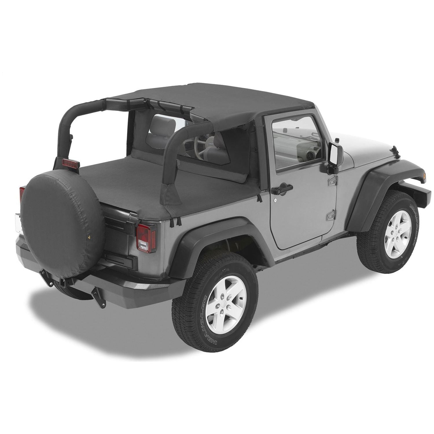 BESTOP | Jeep Bikini Top Header Targa Bikini Tops For Jeep 2007-2009 Wrangler JK 2 Door Black Diamond Fabric Bestop | 52580-35 installed on a gray Jeep.