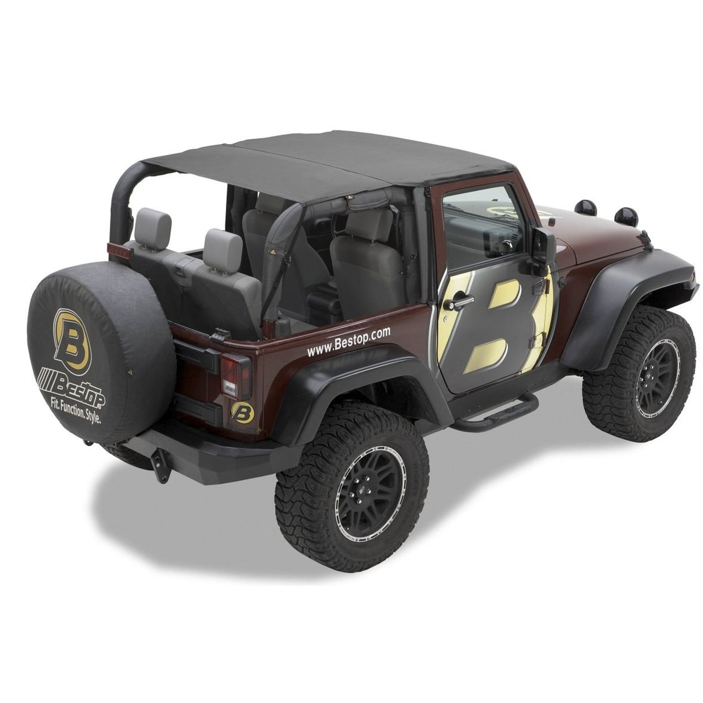 BESTOP | Jeep Bikini Top Header Safari Bikini Tops For Jeep 2010-2018 Wrangler JK 2 Door Black Diamond Fabric Bestop | 52583-35 on a Jeep