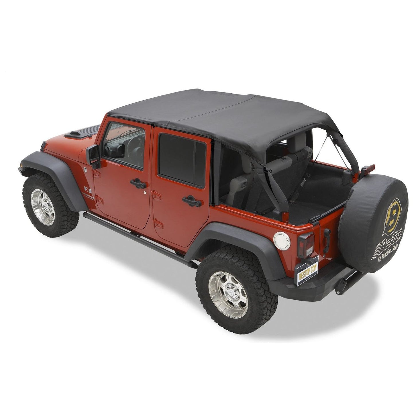 BESTOP | Jeep Bikini Top Header Safari Bikini Tops For Jeep 2010-2018 Wrangler JK 4 Door Black Diamond Fabric Bestop | 52584-35 installed on a Jeep.