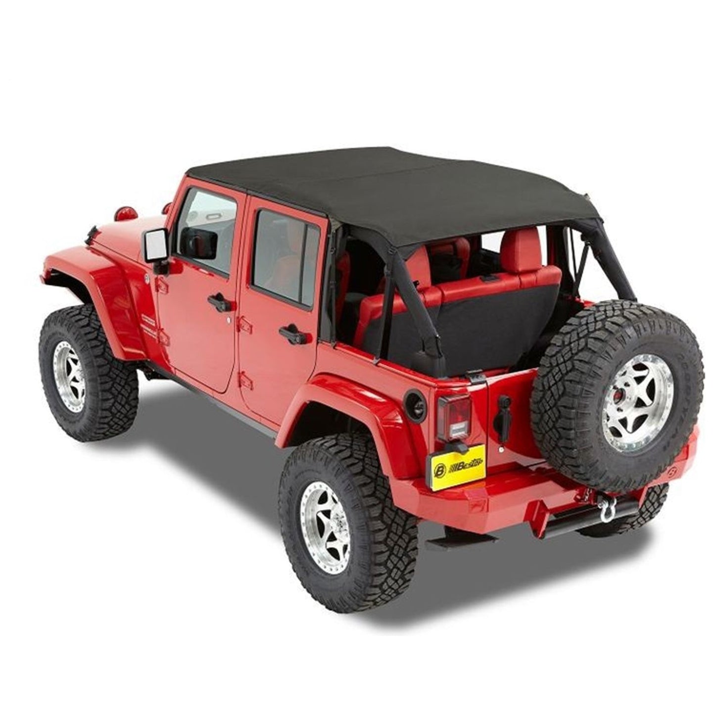 BESTOP | Jeep Wrangler Bikini Top Header Safari Cable Style Bikini Tops For Jeep 2010-2018 Wrangler JK 4 Door Black Diamond Bestop | 52594-35 on red Jeep
