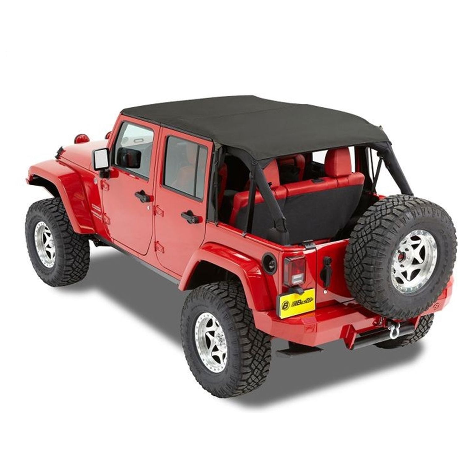 BESTOP | Jeep Wrangler Bikini Top Header Safari Cable Style Bikini Tops For Jeep 2010-2018 Wrangler JK 4 Door Black Diamond Bestop | 52594-35 on red Jeep