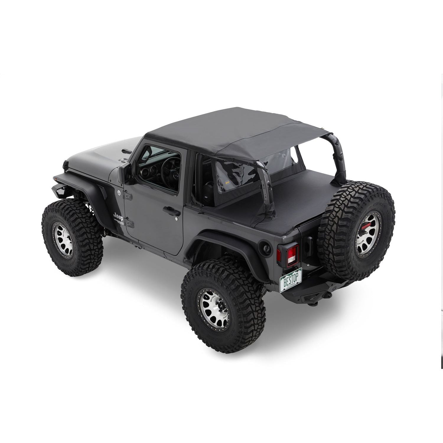 BESTOP | Jeep Wrangler Bikini Top Header Safari Cable Style Bikini Tops For Jeep 2018-2023 Wrangler JL 2 Door Black Diamond Bestop | 52607-35 installed on Jeep
