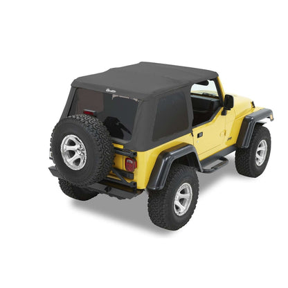 BESTOP | Replace-A-Top for Trektop Hardware For Jeep 1997-2006 Wrangler TJ Tinted Black Denim Fabric Bestop | 52820-15 installed on yellow Jeep