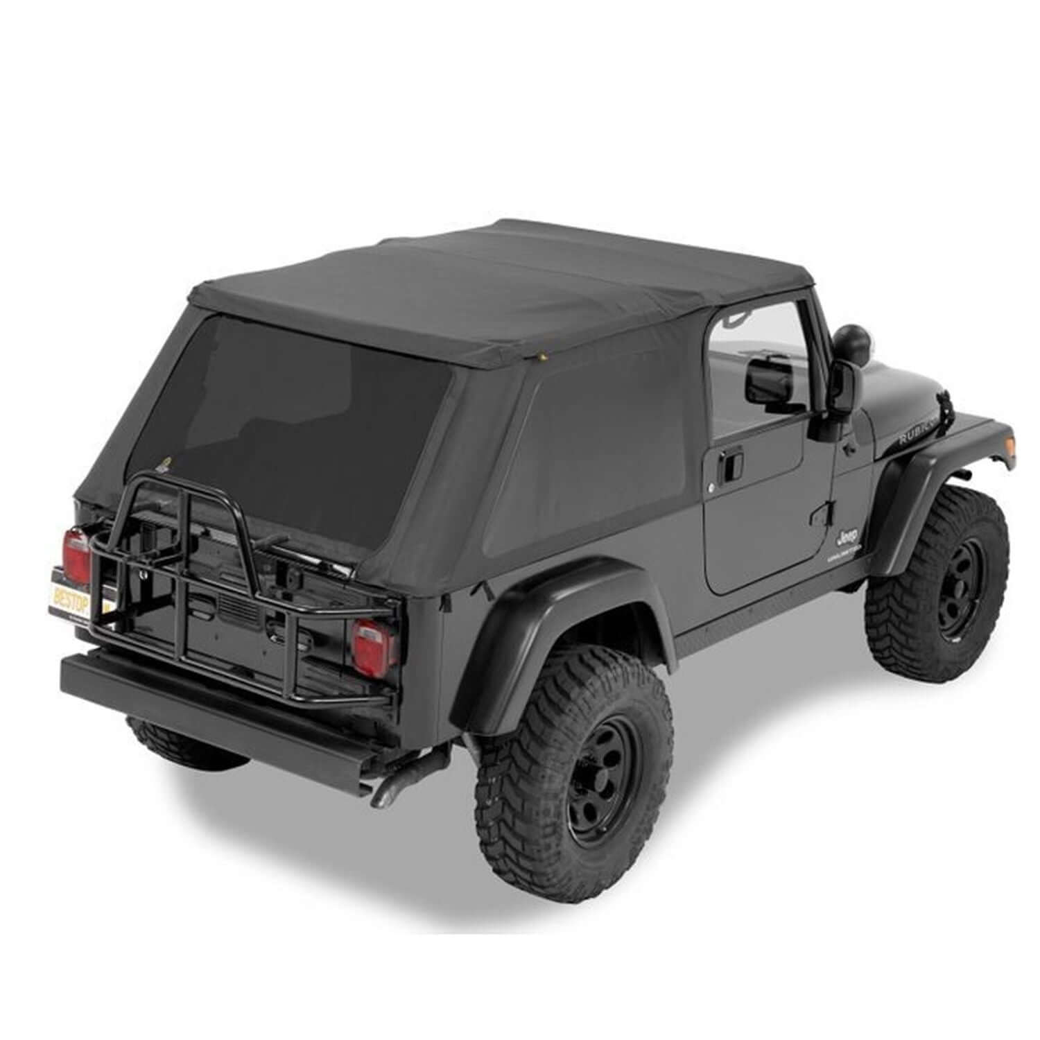 BESTOP | Replace-A-Top for Trektop Hardware For Jeep 2004-2006 Wrangler TJ Tinted Black Diamond Fabric Bestop | 52821-35 installed on a Jeep.