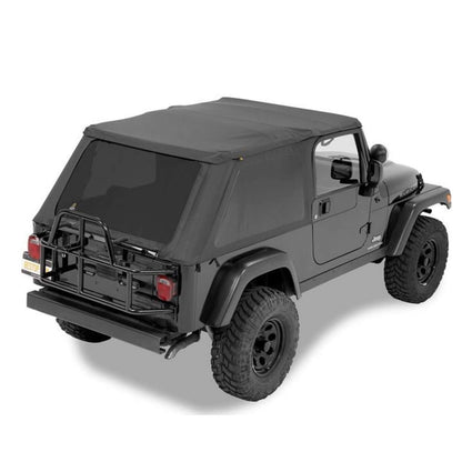 BESTOP | Replace-A-Top for Trektop Hardware For Jeep 2004-2006 Wrangler TJ Tinted Black Diamond Fabric Bestop | 52821-35 installed on a Jeep.