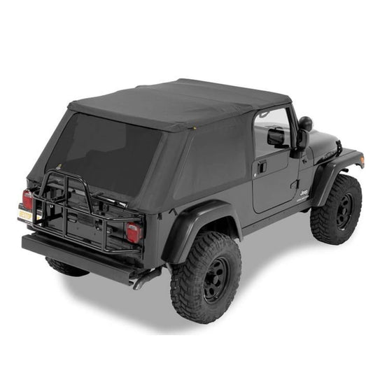 BESTOP | Replace-A-Top for Trektop Hardware For Jeep 2004-2006 Wrangler TJ Tinted Black Diamond Fabric Bestop | 52821-35 installed on a Jeep.