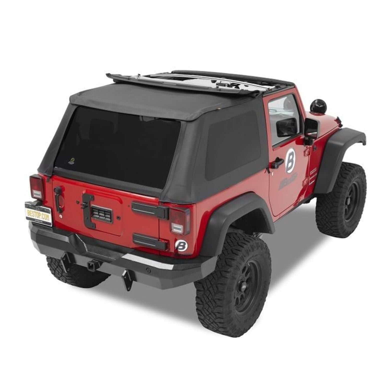 BESTOP | Replace-A-Top for Trektop Hardware For Jeep 2007-2018 Wrangler JK 2 Door Tinted Black Diamond Fabric Bestop | 52822-35 installed on a red Jeep.