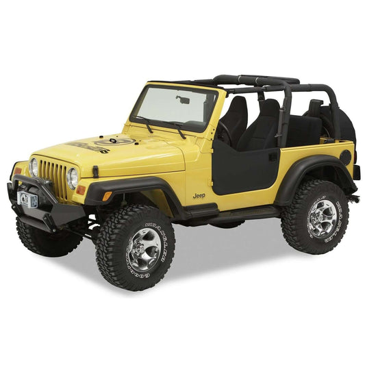 BESTOP | Lower Fabric Half Doors For Jeep 1997-2006 Wrangler TJ Black Denim Bestop | 53039-15 fitted on a yellow Jeep Wrangler.