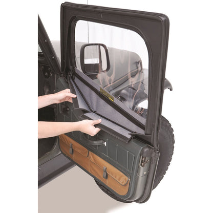BESTOP | Jeep Fabric Door Skins For Jeep 1988-1995 Wrangler YJ Spice Pair Bestop | 53120-37 installed on vehicle door.