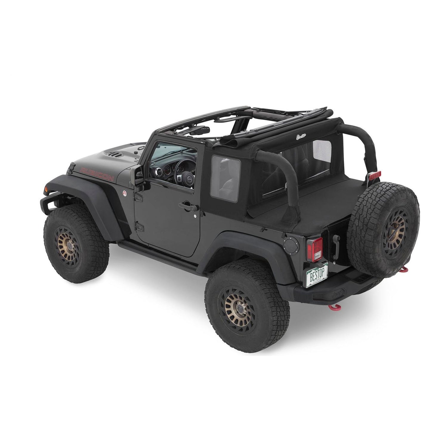 BESTOP | Jeep Wrangler Halftop Soft Tops For Jeep 2007-2018 Wrangler JK 2 Door Black Premium Twill Bestop | 53900-17 installed on black Jeep Wrangler.