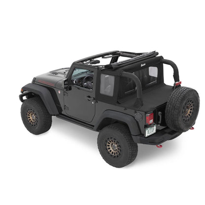 BESTOP | Jeep Wrangler Halftop Soft Tops For Jeep 2007-2018 Wrangler JK 2 Door Black Premium Twill Bestop | 53900-17 installed on black Jeep Wrangler.