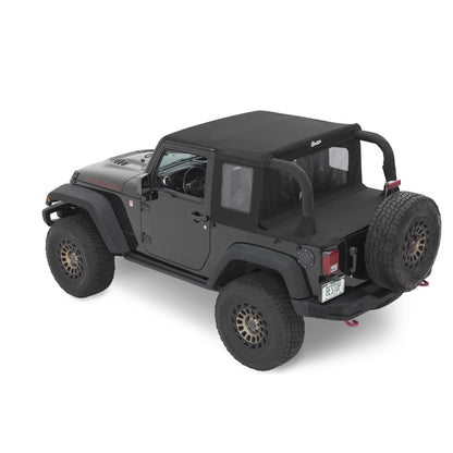 BESTOP | Jeep Wrangler Halftop Soft Tops For Jeep 2007-2018 Wrangler JK 2 Door Black Premium Twill Bestop | 53900-17 installed on a Jeep