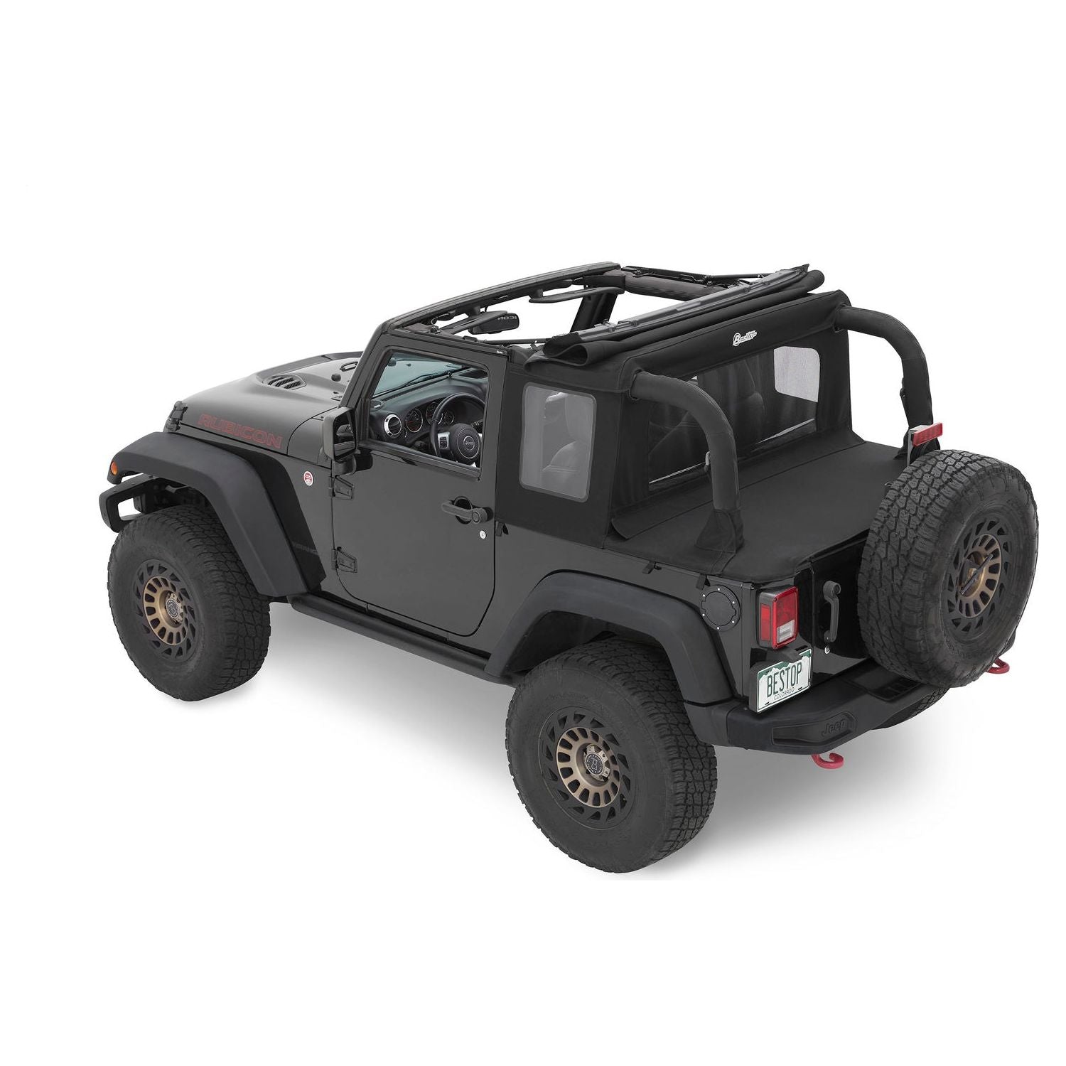 BESTOP | Jeep Wrangler Halftop Soft Tops For Jeep 2007-2018 Wrangler JK 2 Door Black Diamond Bestop | 53900-35 installed on a black Jeep.