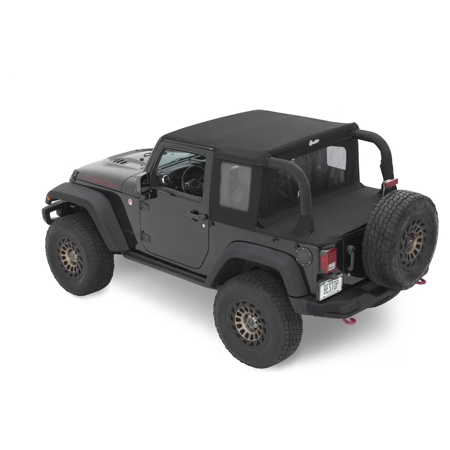 BESTOP | Jeep Wrangler Halftop Soft Tops For Jeep 2007-2018 Wrangler JK 2 Door Black Diamond Bestop | 53900-35 on a black Jeep Wrangler