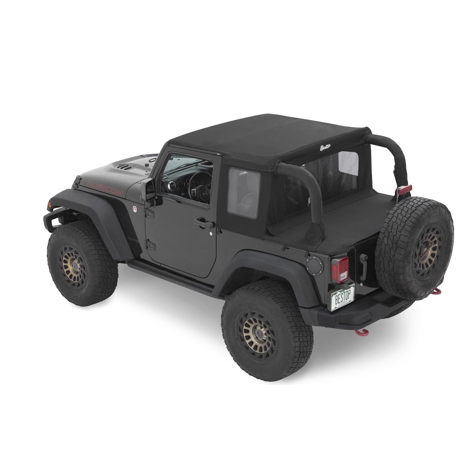 BESTOP | Jeep Wrangler Halftop Soft Tops For Jeep 2007-2018 Wrangler JK 2 Door Black Diamond Bestop | 53900-35 on a black Jeep Wrangler