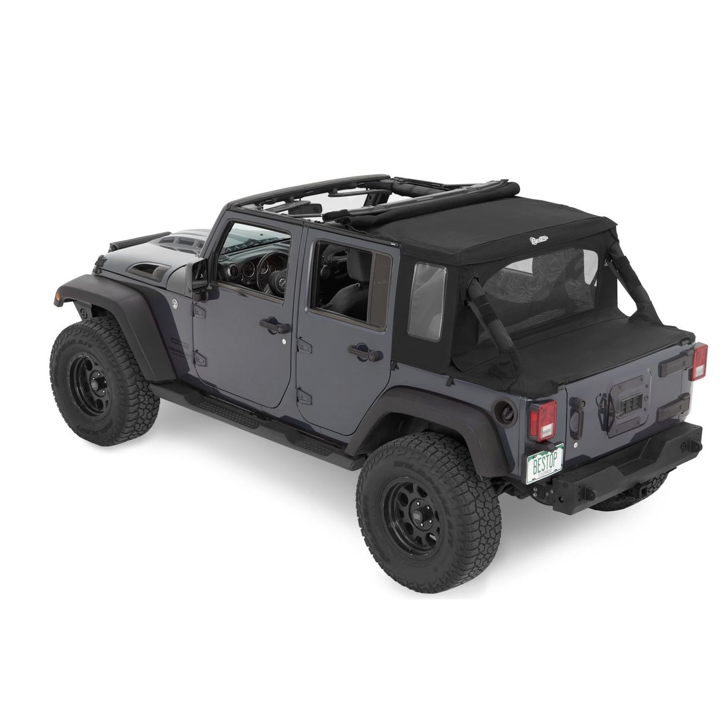 BESTOP | Jeep Wrangler Halftop Soft Tops For Jeep 2007-2018 Wrangler JK 4 Door Black Diamond Bestop | 53901-35 on a grey Jeep.