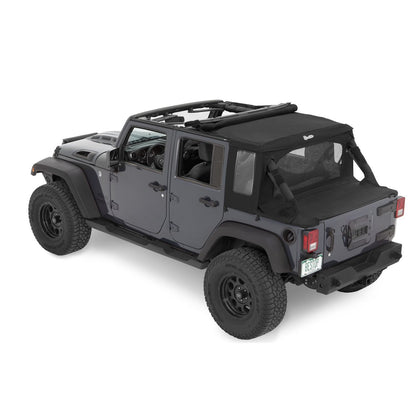 BESTOP | Jeep Wrangler Halftop Soft Tops For Jeep 2007-2018 Wrangler JK 4 Door Black Diamond Bestop | 53901-35 on a grey Jeep.