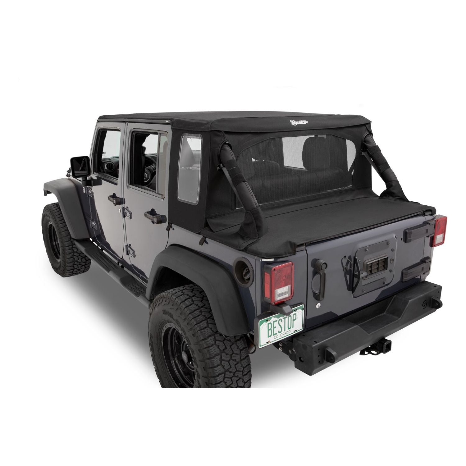 BESTOP | Jeep Wrangler Halftop Soft Tops For Jeep 2007-2018 Wrangler JK 4 Door Black Diamond Bestop | 53901-35 installed on a Jeep