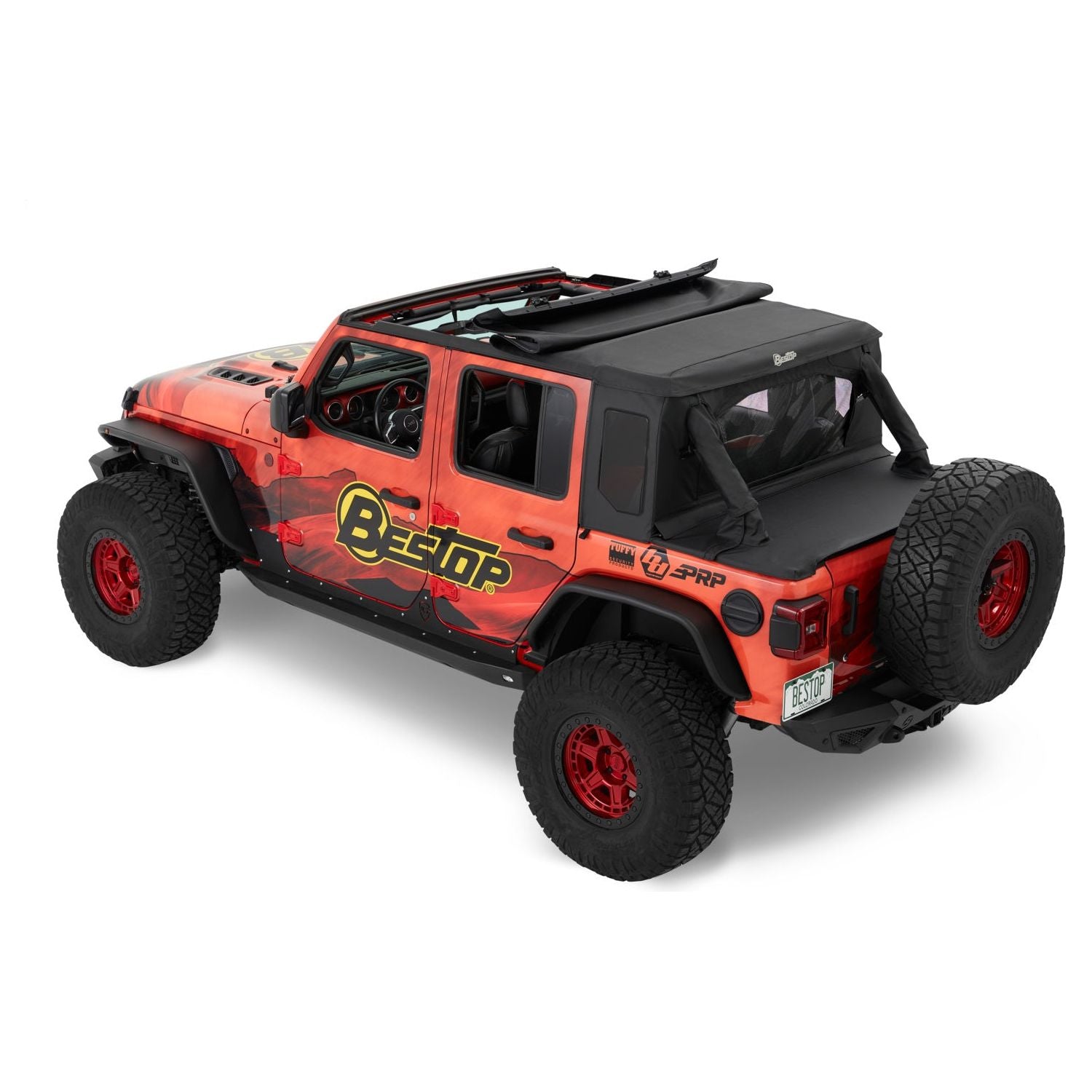 BESTOP | Jeep Wrangler Halftop Soft Tops For Jeep 2018-2023 Wrangler JL 4 Door Black Premium Twill Bestop | 53902-17 on a customized Jeep.