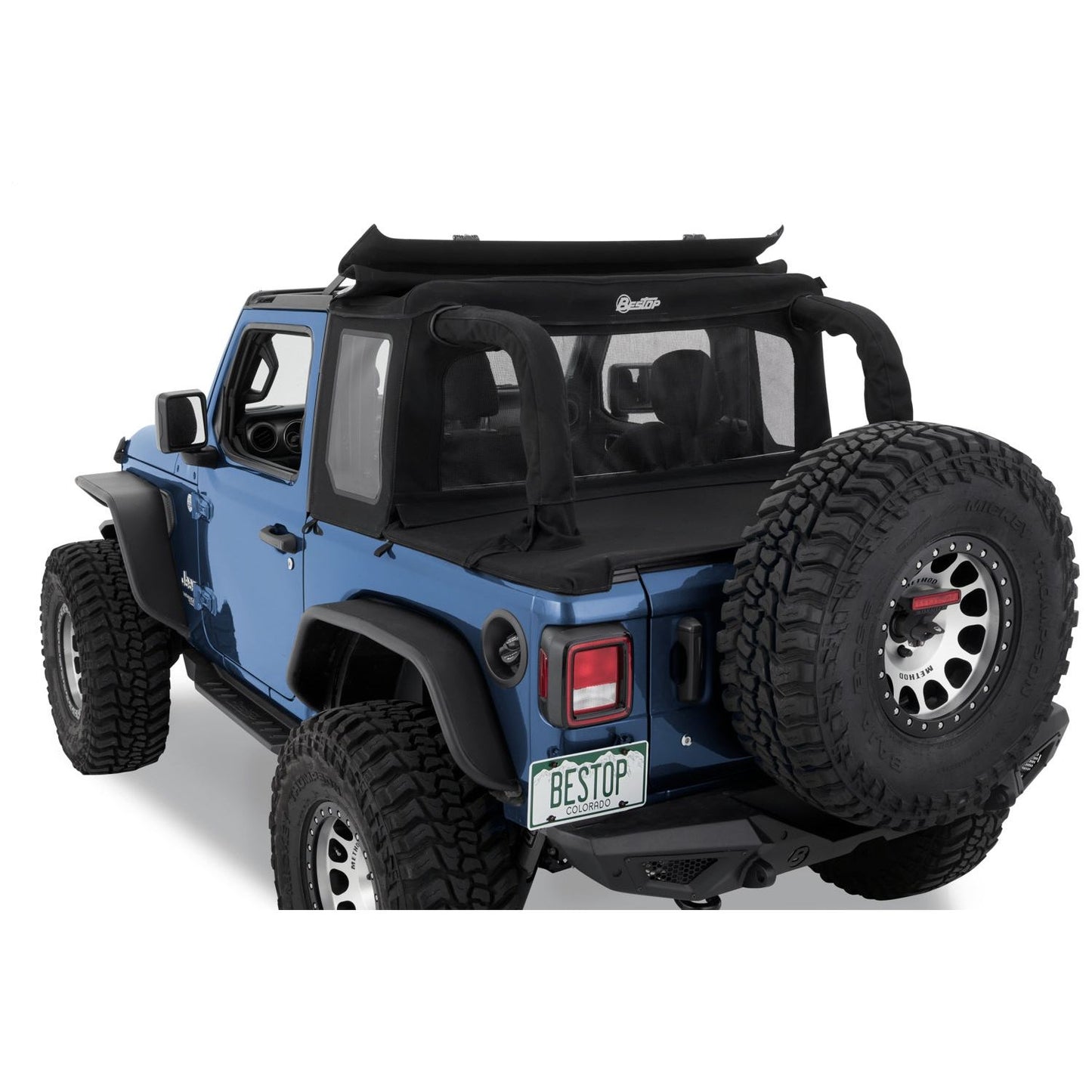 BESTOP | Jeep Wrangler Halftop Soft Tops For Jeep 2018-2023 Wrangler JL 2 Door Black Premium Twill Bestop | 53903-17 installed on blue Jeep.
