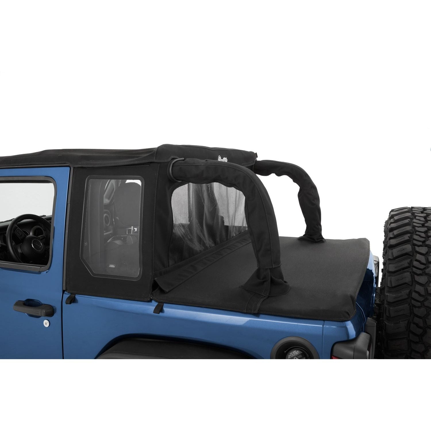 BESTOP | Jeep Wrangler Halftop Soft Tops For Jeep 2018-2023 Wrangler JL 2 Door Black Diamond Bestop | 53903-35 installed on a blue Jeep.