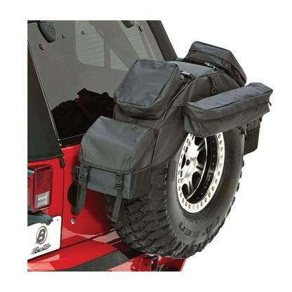 BESTOP | RoughRider Spare Tire Organizer For Jeep 1987-1995 Wrangler YJ Spare Tire Size 30-33 Inch Diameter Black Diamond Bestop | 54133-35 on rear tire.