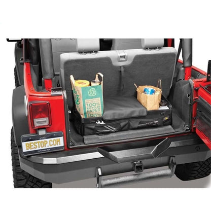 BESTOP | RoughRider Cargo Trunk Organizer For Jeep 1987-1995 Wrangler YJ 30x12x6 Black Diamond Bestop | 54137-35 in a Jeep trunk.