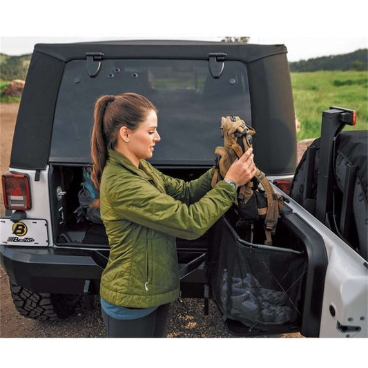 BESTOP | RoughRider Tailgate Shelf For Jeep 2007-2018 Wrangler JK Black Bestop | 54140-01 in use with gear being organized.