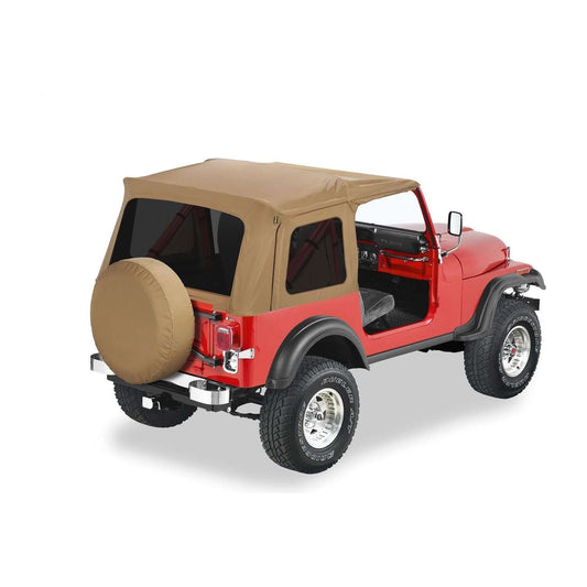 BESTOP | Jeep CJ7 Soft Top Supertop Classic Squareback Soft Tops For Jeep 1976-1986 CJ7 Tinted Spice Bestop | 54599-37 installed on red Jeep.