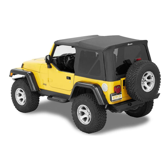 BESTOP | Jeep Soft Top Supertop Squareback Soft Top For Jeep 1997-2006 Wrangler TJ Black Denim Bestop | 54720-15 installed on yellow Jeep