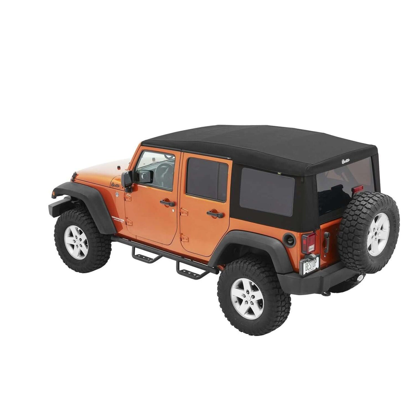 BESTOP | Supertop Ultra Squareback Soft Top For Jeep 2007-2018 Wrangler JK 4 Door Black Bestop | 54724-17 mounted on orange Jeep.