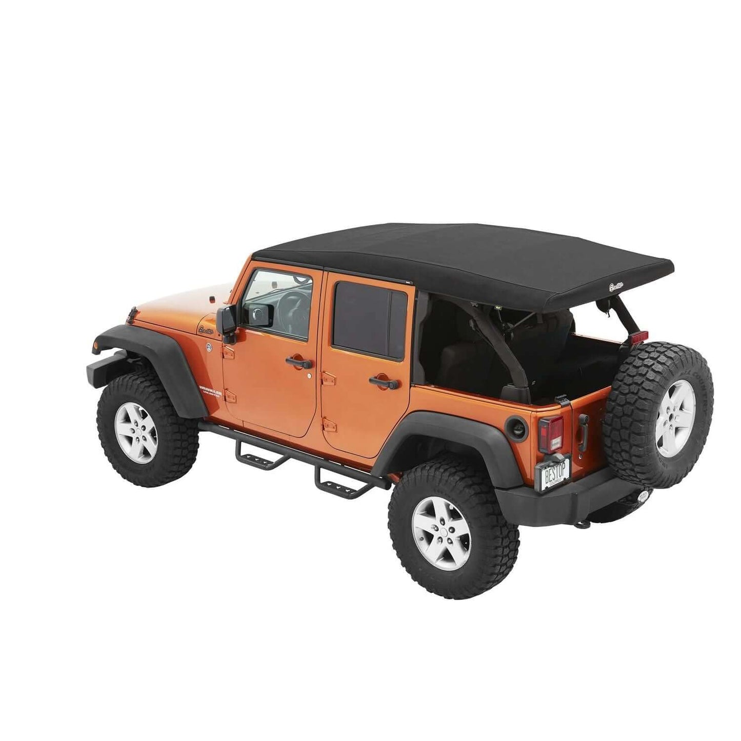 BESTOP | Supertop Ultra Squareback Soft Top For Jeep 2007-2018 Wrangler JK 4 Door Black Bestop | 54724-17 installed on an orange Jeep.